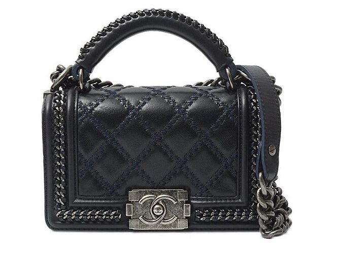 Chanel Leather Boy Handle Chain Shoulder Bag Blue