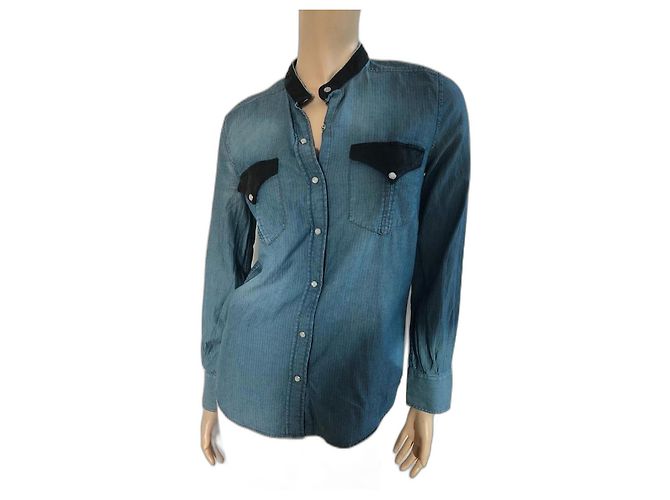 Camicia di jeans Iro con dettagli in pelle nera Nero Blu navy