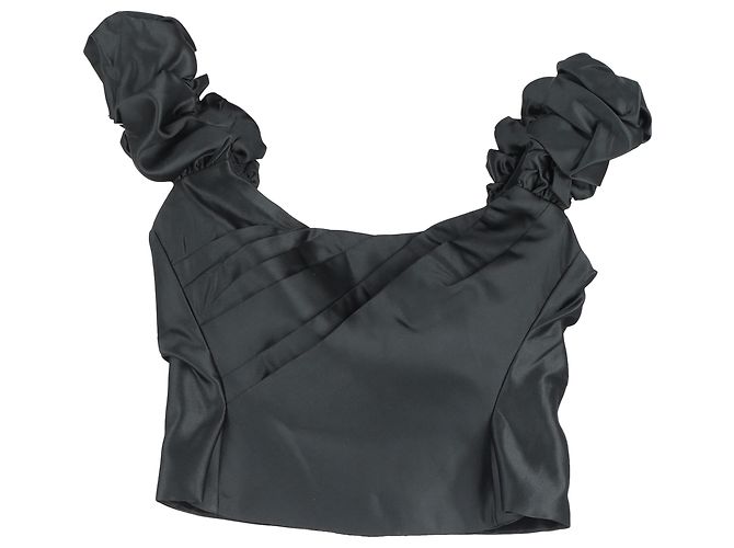 Loveshackfancy plissiertes gerafftes Off-Shoulder-Crop-Top aus schwarzem Polyester