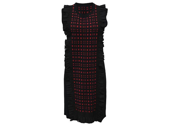 Fendi Karierter Rüschendetail Mini-Kleid aus schwarzer und roter Viskose