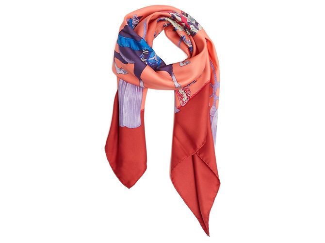 Hermès 1991 Foulard Quadrato 90 Samurai Corallo Rosso in Seta Hermes Multicolore