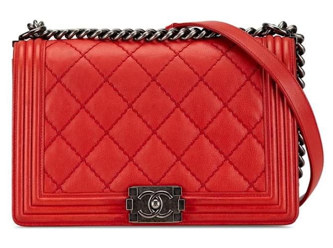 Chanel Boy Chanel Wild Stitch Coco Mark Chain Shoulder Bag Silvery Red Leather  ref.1816431