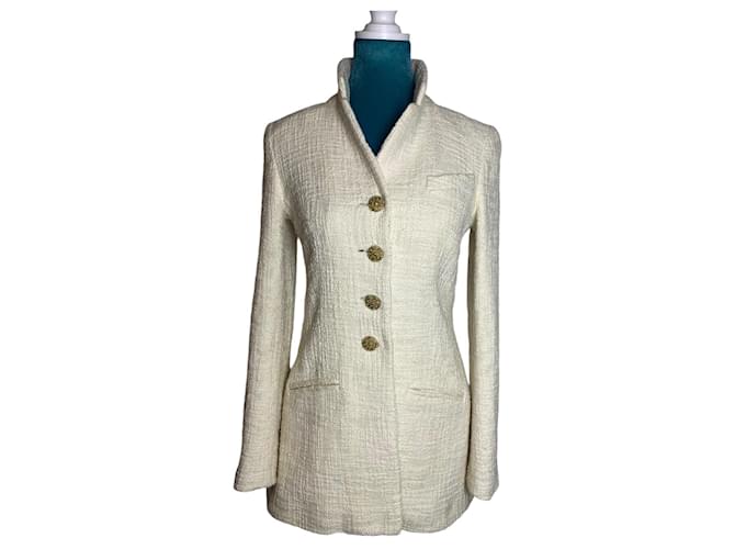 Chanel 12A Paris-Bombay Runway Ivory Ecru Cotton Tweed Blazer Long Jacket FR 38 Beige Silk  ref.1816835