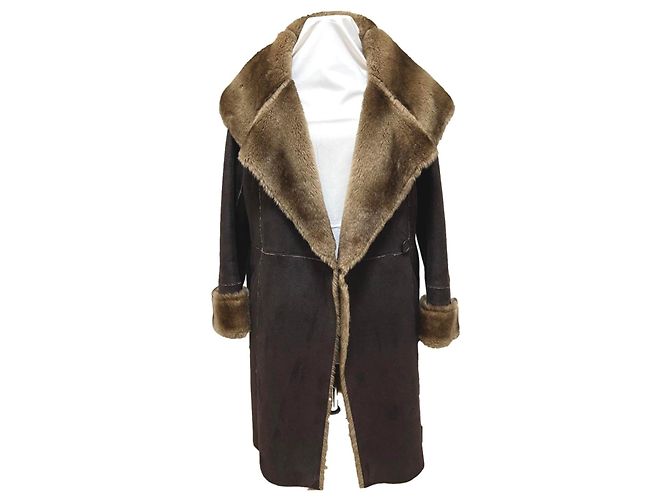 Gerard Darel Leder Mantel Braun mit Kunstfell gefüttert