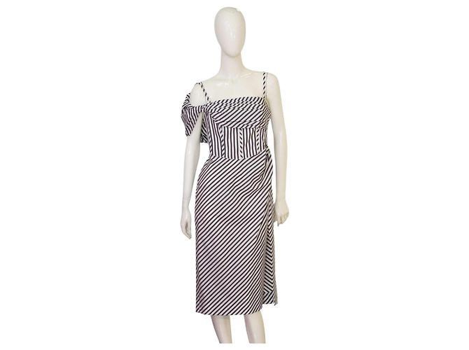Vestido midi corset de algodón a rayas grises y blancas Carolina Herrera Multicolor