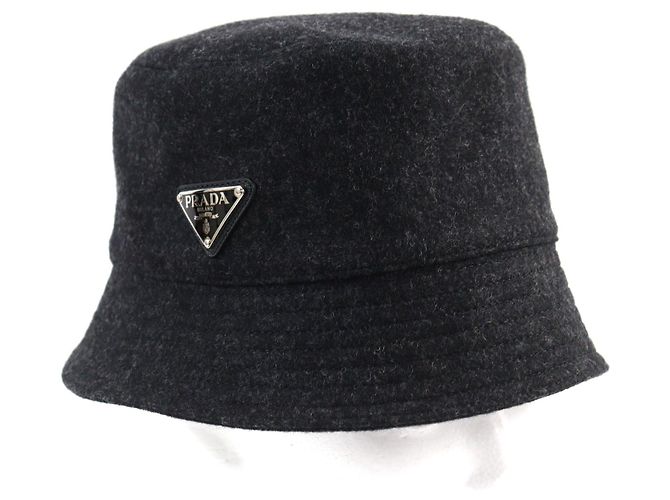 Chapéu bucket de lã e algodão com logo triangular Prada Cinza antracite