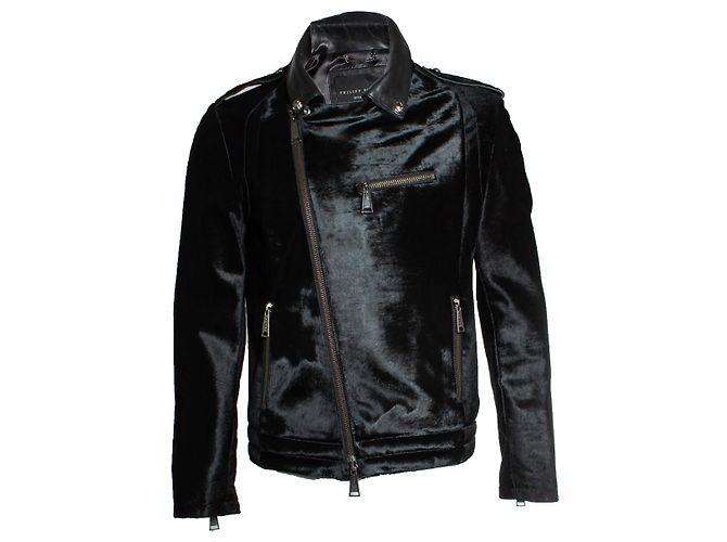 Giacca con zip in pelle di pony Philipp Plein Nero
