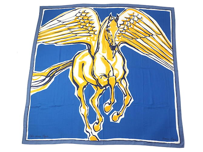 Hermès Hermes Pegase Cashmere Silk Large Shawl Scarf Blue Cloth  ref.1825617