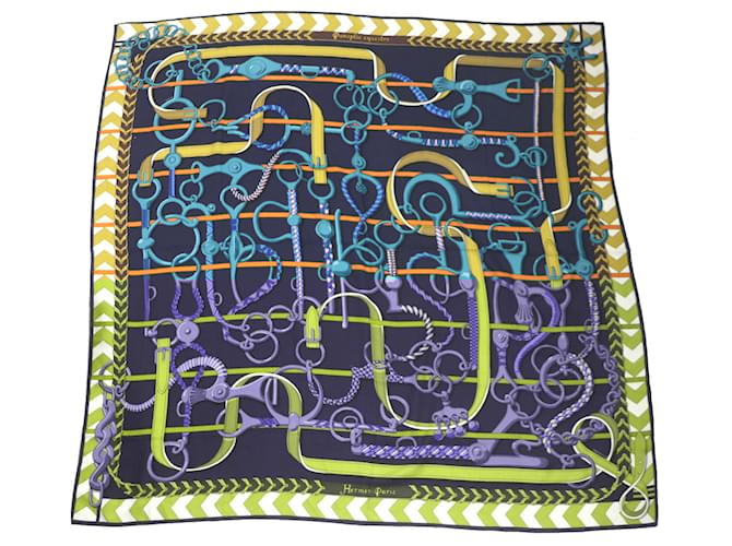 Hermès HERMES Cashmere Silk Shawl Panoplie Equestre Blue Cloth  ref.1825713