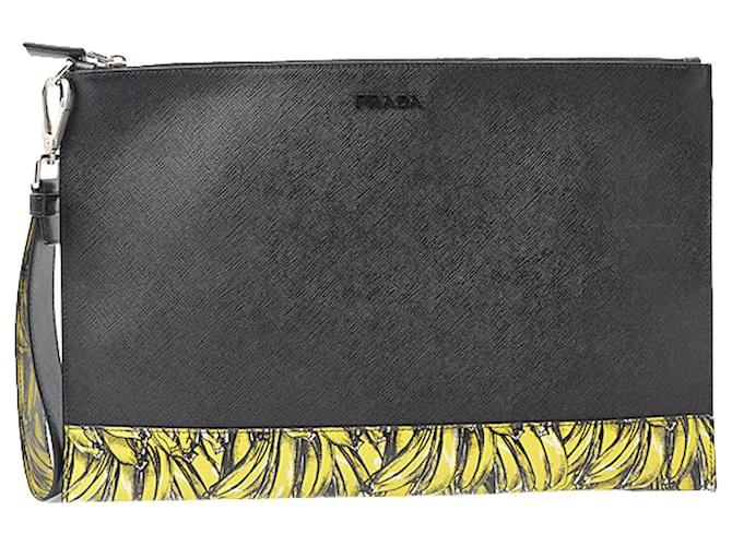 Prada Saffiano Banana Print Clutch Bag Black Leather  ref.1825981