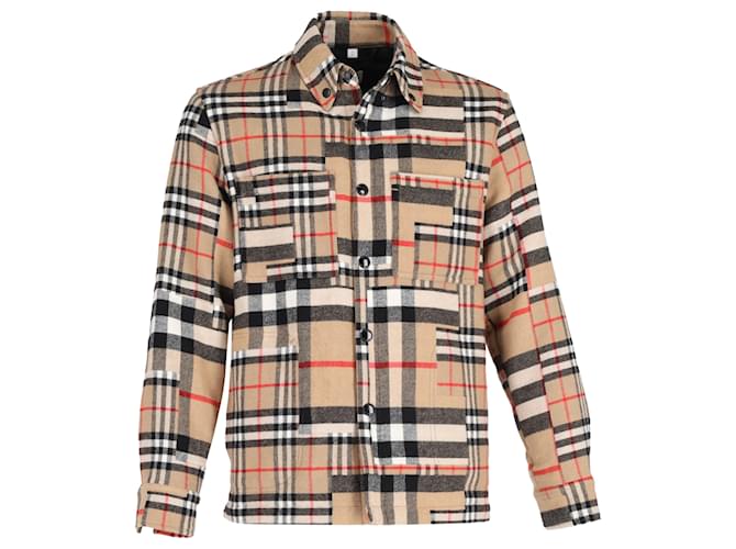 Burberry Check-Pattern Patchwork Oversized Overshirt in Beige Wool