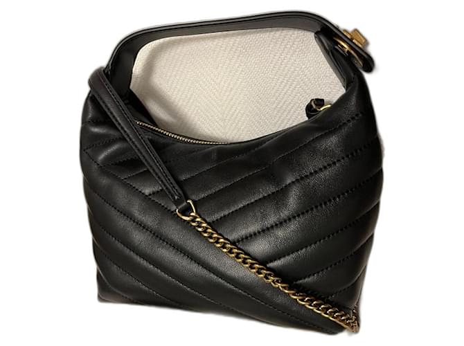Tory Burch KIRA MINI CHEVRON CRESCENT BAG Black Lambskin  ref.1831158