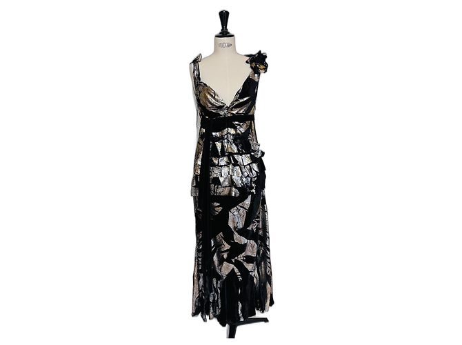 Gucci Abendkleid aus Samt Schwarz Gold und Silber Effekt