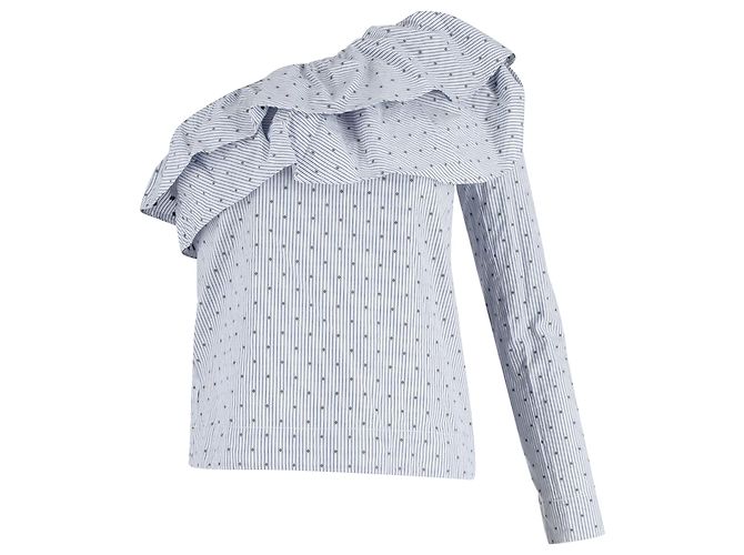 Maje Lelina Top mit Rüsche in hellblauem Baumwollstoff