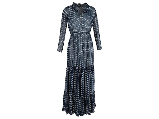 Autre Marque  Saloni Polka Dot Print Maxi Long Sleeve Dress in Navy Blue Polyester  ref.1834729