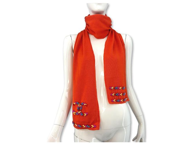 cachecol de coral tricotado Chanel Rosa Azul Multicor Laranja Amarelo