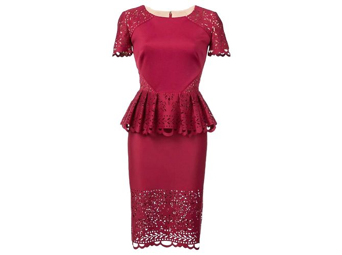 Marchesa Burgunderfarbene Laser-Cut-Peplum-Midikleid Bordeaux