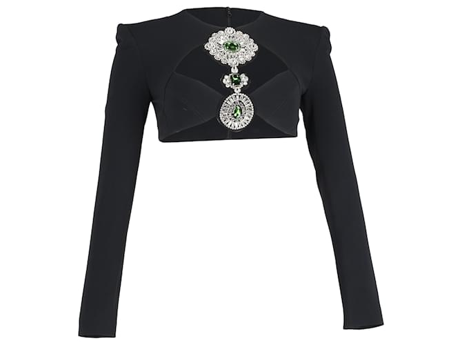  David Koma Jewel-Embellished Long Sleeve Crop Top in Black Acetate Cellulose fibre  ref.1836974