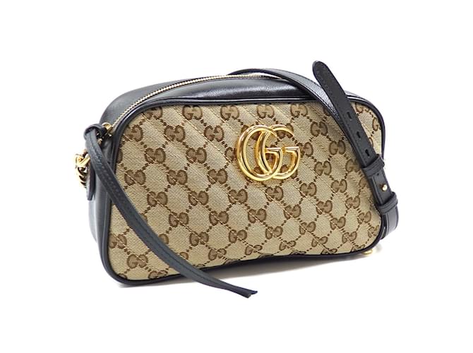 Gucci GG Marmont Shoulder Bag Brown Black Beige Leather Cloth ref