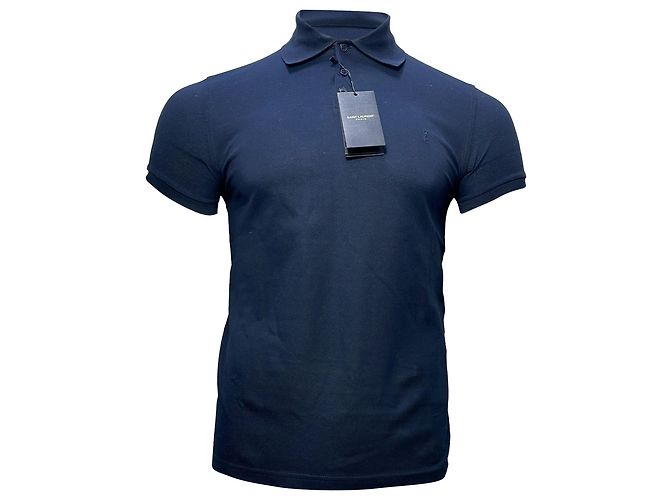 Polo de algodón azul marino con logo bordado Saint Laurent Cassandre