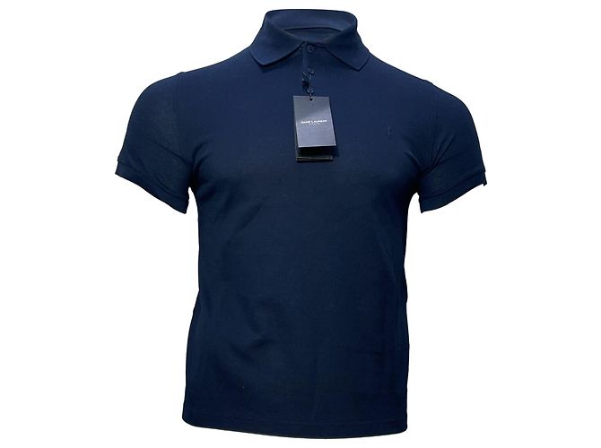 Saint Laurent Cassandre Embroidered-Logo Polo Shirt in Navy Blue Cotton