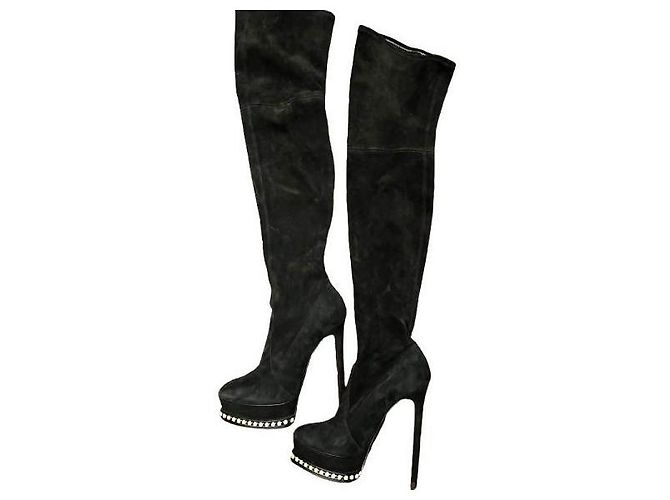 Botas Cano Altas Casadei Pretas de Couro e Camurça Preto
