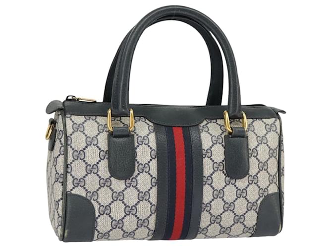 GUCCI GG Supreme Sherry Line Hand Bag PVC Navy Gold Red 002