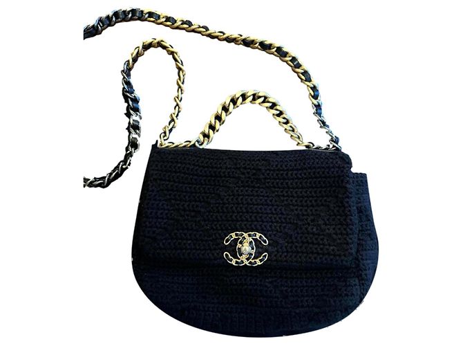 Bolso de hombro Chanel 19 de cadena de algodón negro Dorado Hardware de plata