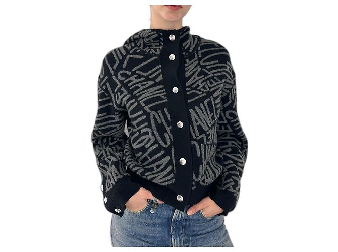 Chanel Kapuzensweater aus Kaschmir Schwarz Grau Anthrazitgrau Silber Hardware
