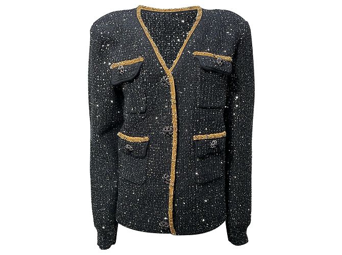 Self portrait  Self-Portrait Embellished Single-Breasted Tweed Jacket in Black Polyester