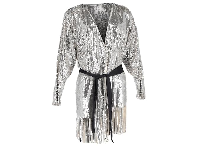 Autre Marque  Rotate Birger Christensen Samantha Sequined Mini Wrap Dress in Silver Polyester Silvery Metallic  ref.1844536
