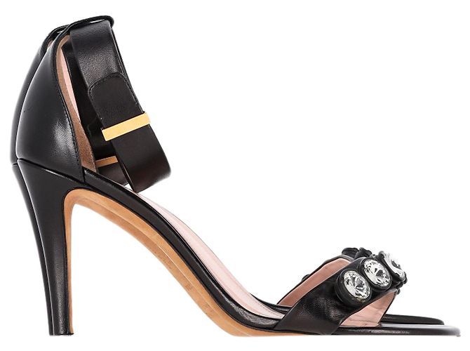 Céline  Celine Crystal Embellished Ankle Strap Sandal Heels in Black Leather