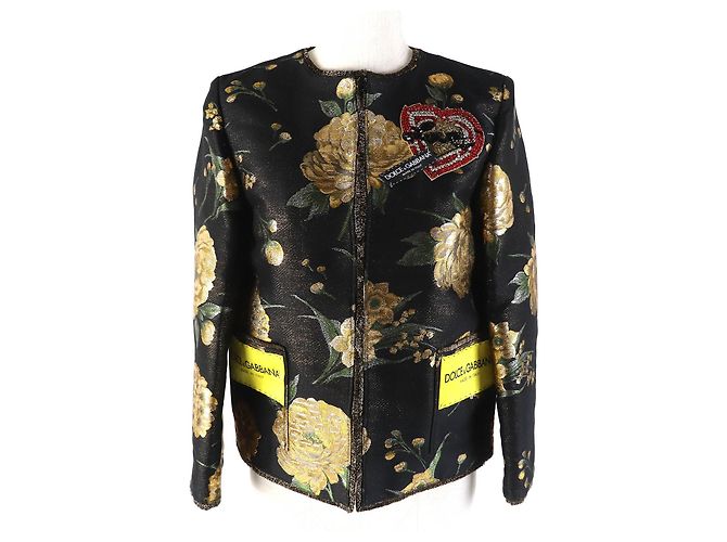 Giacca senza colletto in jacquard floreale con perline Dolce & Gabbana