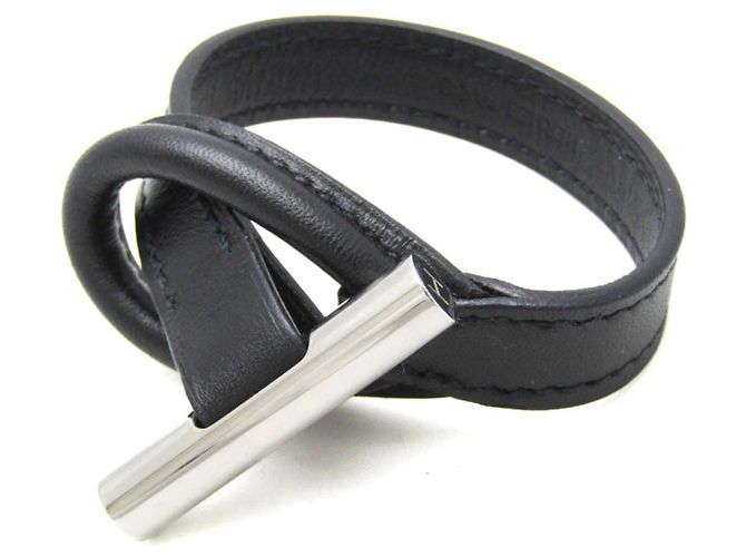 Pulseira de couro e metal preto e prata da Hermès 