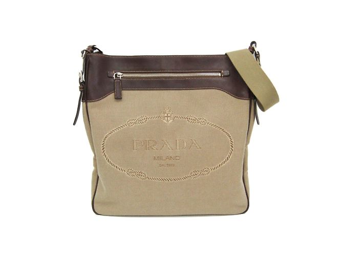 Bolsa de ombro em couro e jacquard Prada VA0649 Bege Castanho escuro