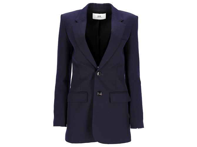 Ami Single-Breasted Blazer in Navy Blue Wool
