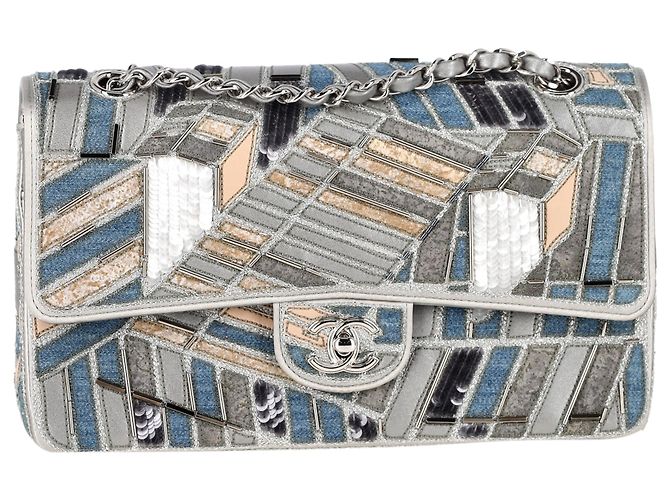 Timeless  Chanel Medium Classic Patchwork Double Flap Shoulder Bag in Multicolor Denim Grey