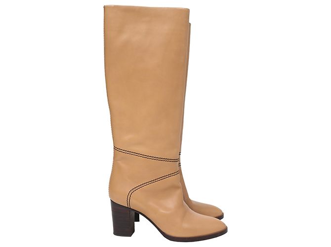 Chloé Knee-High Riding Heeled Boots in Brown Leather