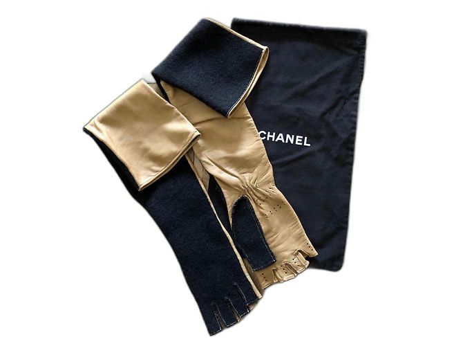 Lange zweifarbige Handschuhe oder Fäustlinge aus Leder + Wolle Gr. 7 Chanel Schwarz Beige