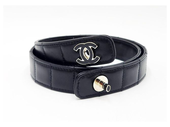 Chanel Vintage Chocolate Bar Turnlock Leather Belt Silver Hardware Black