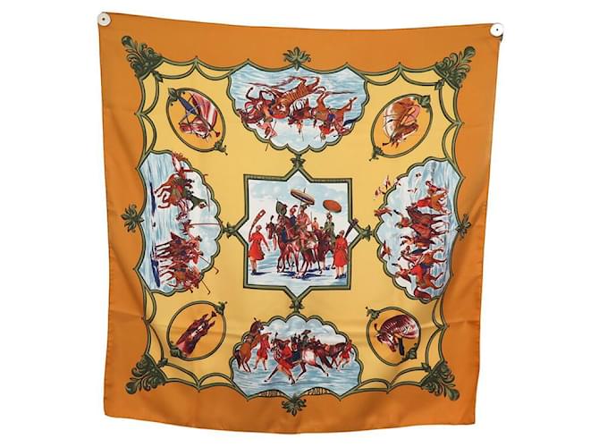 Hermès FOULARD HERMES LES CHEVAUX DES MOGHOLS FOUGEROLLE CARRE 90 SOIE BOITE SCARF Orange  ref.1853947