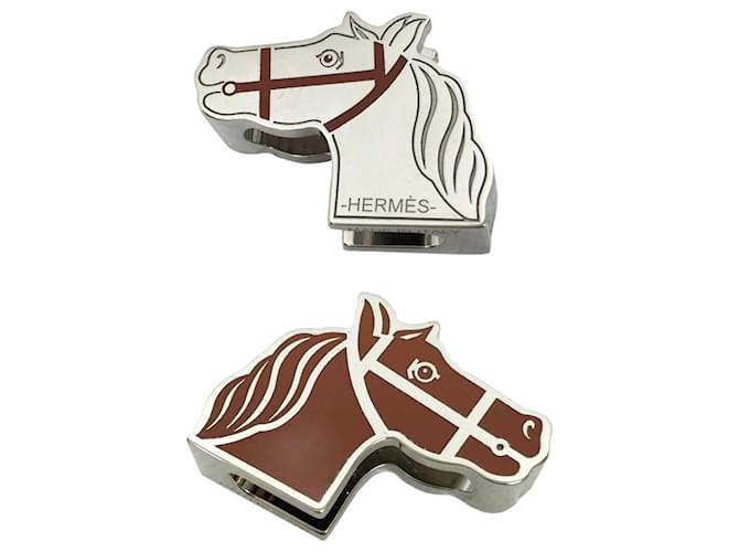 Ring Écharpe Cadrige Twilly d'Hermès Marron Argenté  ref.1854834