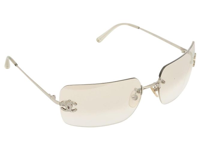 Chanel CC Logo Rhinestone Silver Sunglasses Silvery