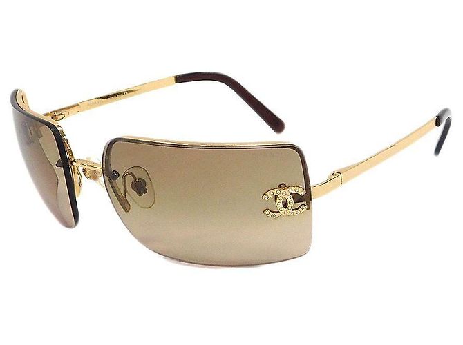 Occhiali da sole Chanel Swarovski CC Logo Marrone Oro D'oro Marrone chiaro