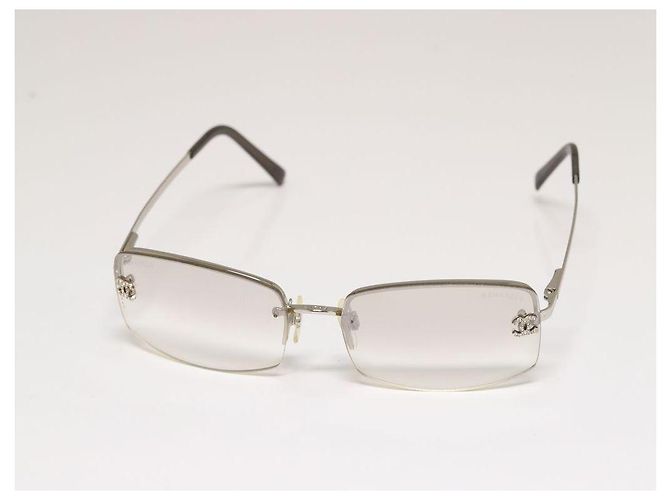 Chanel CC Logo Silver Clear Rimless Rhinestone Sunglasses Silvery