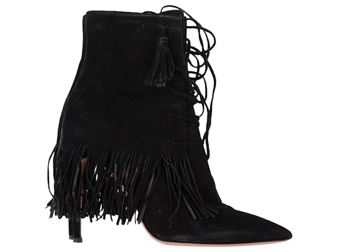  Aquazzura Mustang 105 Fringe Heeled Ankle Boots in Black Suede  ref.1858658