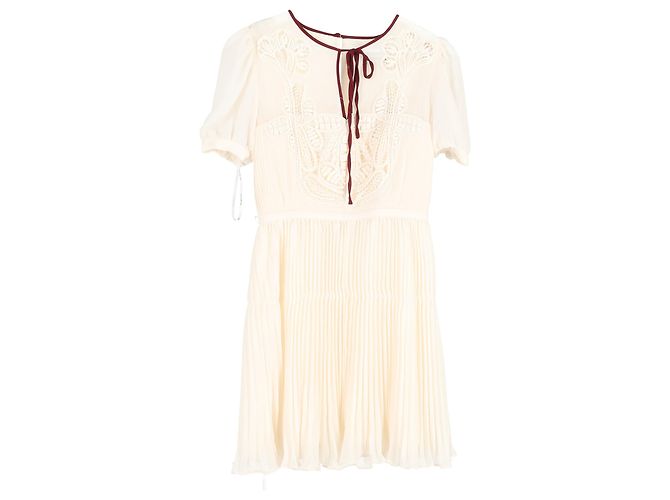 Self portrait Vestido mini de poliéster blanco con plisado y ribete de macramé de Self-Portrait