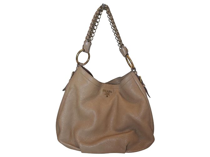 Bolsa hobo Prada Cervo Lux de couro bege dourado