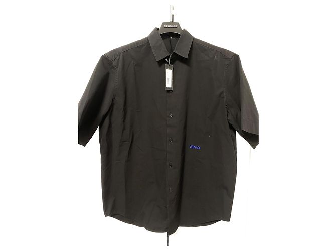Camicia Versace in cotone a maniche corte nera logo blu Nero