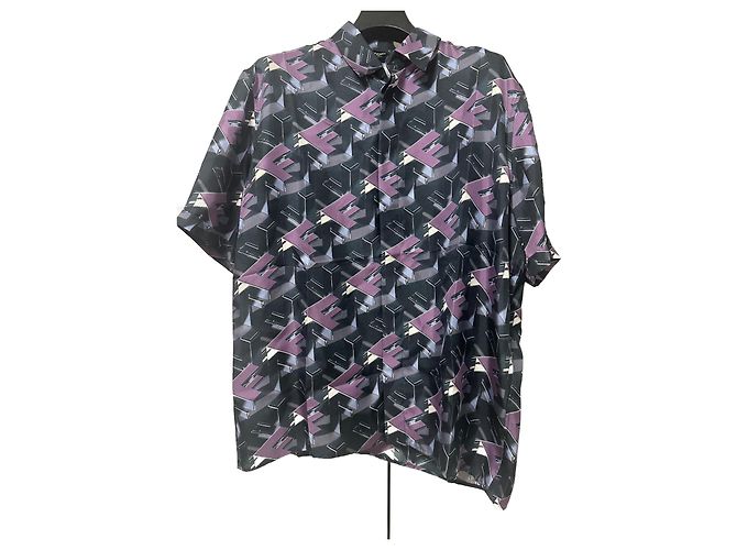 Camicia Fendi in seta stampa FF Block blu viola multicolore Porpora